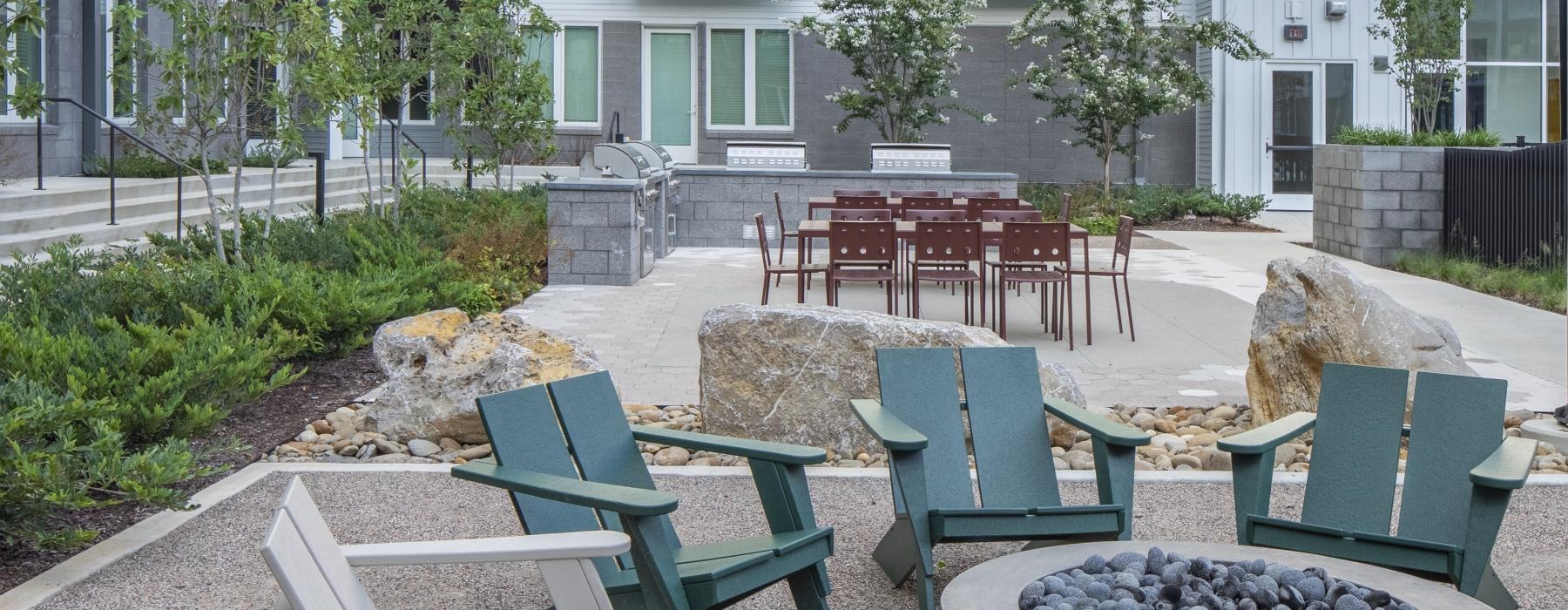 a spacious fire pit area with Adirondack chairs